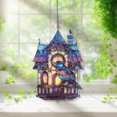 Birdhouse Acrylic Suncatcher, Stained Glass Style Blue Bird with Lantern Windows Window Hanging, Cottagecore Nature Home Décor Gift